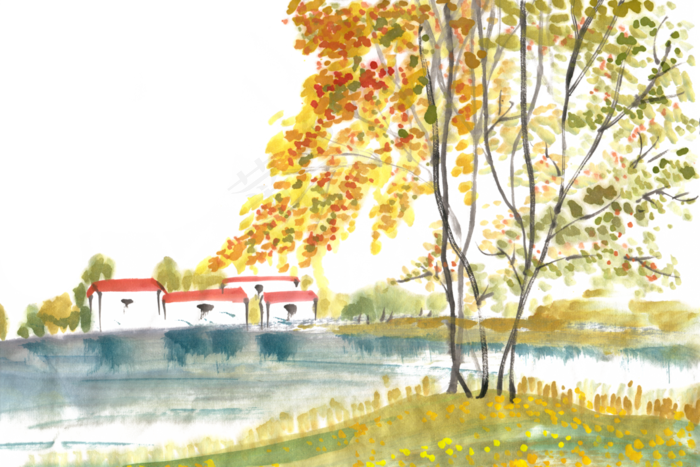 秋天的村庄水墨画PNG免抠素材(6000X3999(DPI:300))psd模版下载