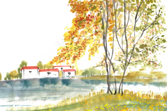 秋天的村庄水墨画PNG免抠素材(6000X3999(DPI:300))psd模版下载