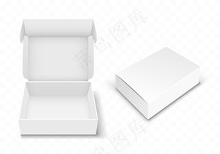 白色空白纸板箱，带翻盖，逼真