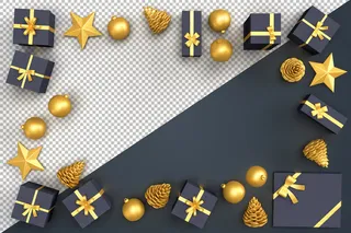 构成矩形框架的圣诞装饰元素和礼品盒