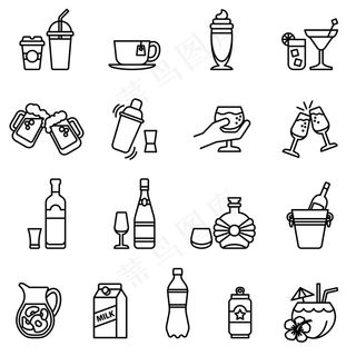 饮料和饮料图标集。细线型股票。