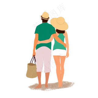 夏季七夕海边卡通手绘情侣png