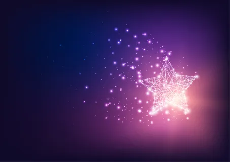 在深蓝色到紫色渐变背景上有星尘的未来主义神奇明亮发光恒星。 在深蓝色到紫色渐变背景上有星尘的未来主义神奇明亮发光恒星。
