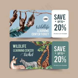 动物园门票设计与长颈鹿，猴子水彩画插图。