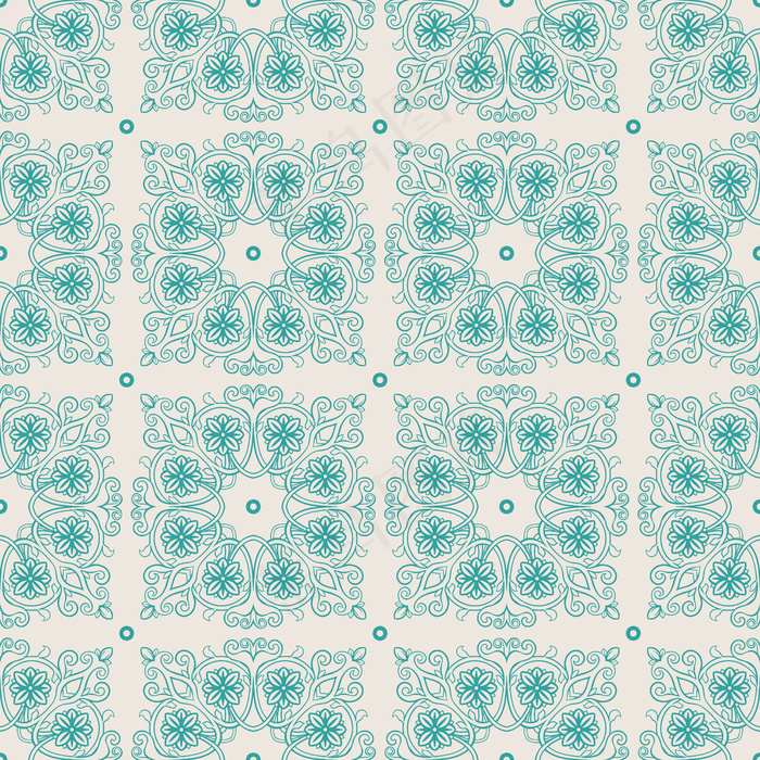 美丽的绿松石复古图案，米色背景上有叶子和花朵