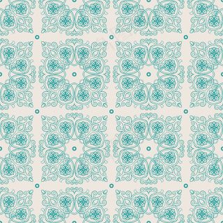 美丽的绿松石复古图案，米色背景上有叶子和花朵