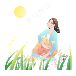 中秋节女孩赏月花草素材