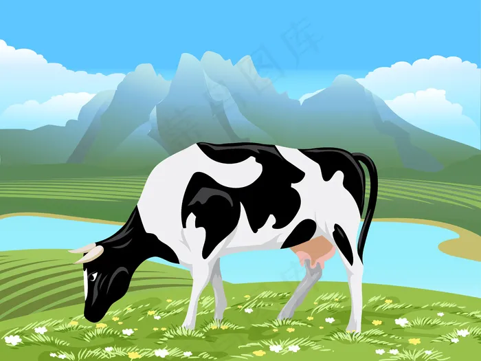 奶牛和乡村草地景观。奶牛在河边开满鲜花的绿地上吃草eps,ai矢量模版下载