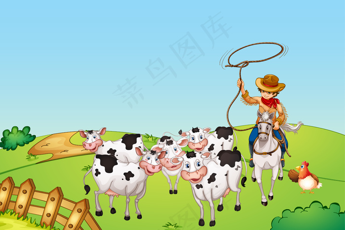 带有动物农场卡通风格的农场场景eps,ai矢量模版下载