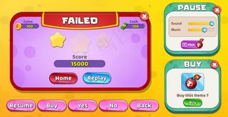 休闲卡通儿童游戏ui级失败，暂停和购买菜单弹出星星按钮