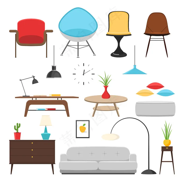 家具室内装饰元素和房间设计。eps,ai矢量模版下载