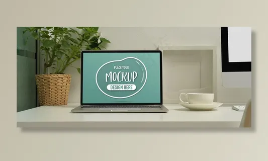 工作台上的笔记本电脑模型样机的不规则镜头