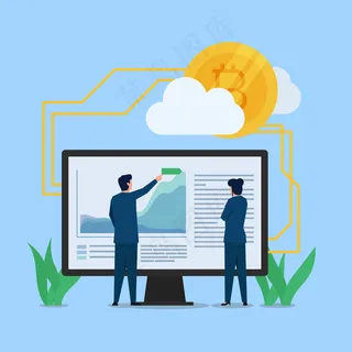 商人在显示器上指着加密堆栈，暗喻加密货币。