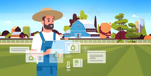 农人用平板电脑监控条件控制农产品收获组织智慧农业概念农场建筑景观背景平面水平肖像