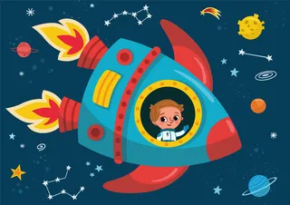 男孩在太空中的火箭旅行矢量图