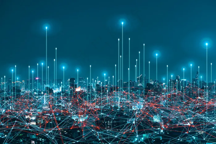 城市背景下的网络数字全息图和物联网。5g网络无线系统。