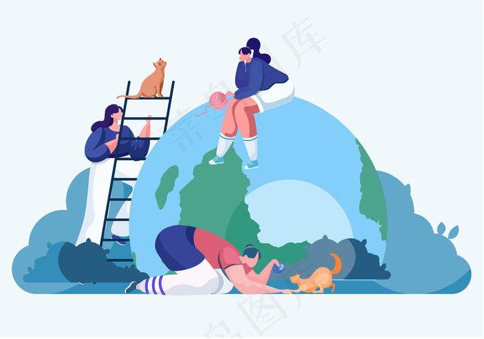 宠物主人组的女人花时间和他们的猫在一起