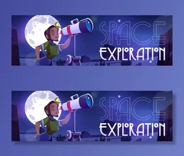 太空探索横幅banner与女人透过望远镜看夜空的科学概念。