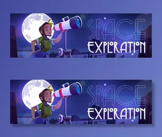 太空探索横幅banner与女人透过望远镜看夜空的科学概念。