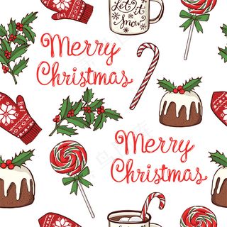 手绘圣诞新年无缝图案。薄荷棒棒糖，热巧克力马克杯，传统圣诞布丁