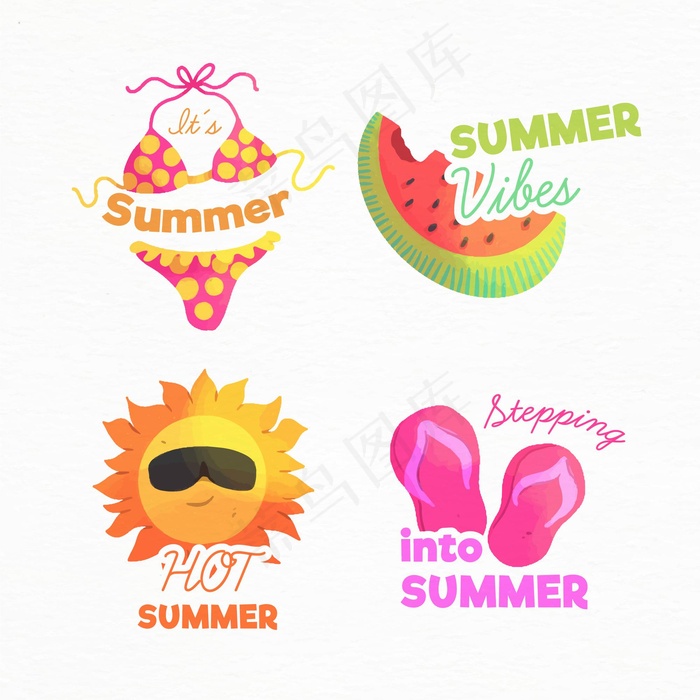 水彩画夏季徽章eps,ai矢量模版下载