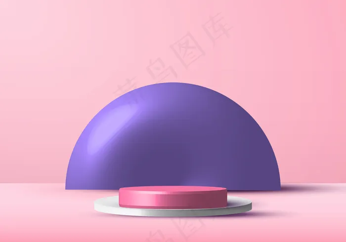 逼真的粉红色和白色渲染讲台演播室舞台，用于紫色圆形背景的展示展示。