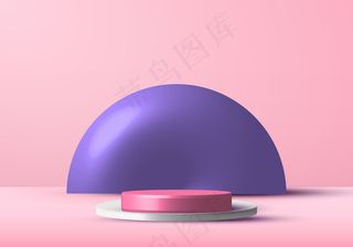 逼真的粉红色和白色渲染讲台演播室舞台，用于紫色圆形背景的展示展示。