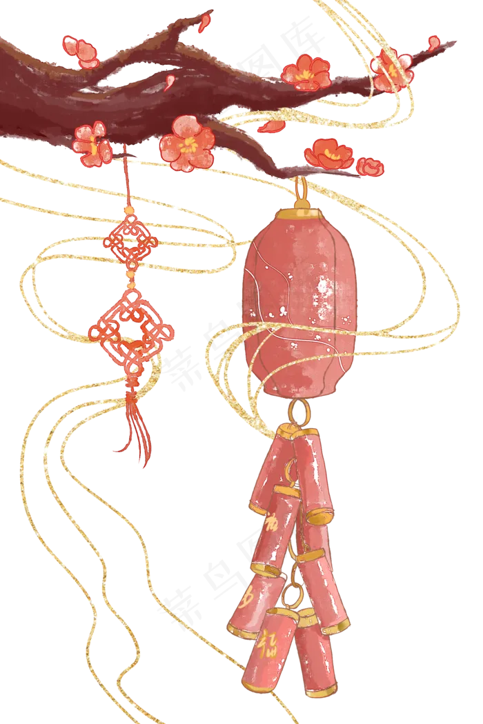 新年梅花灯笼水彩装饰(2000X3000(DPI:299))psd模版下载