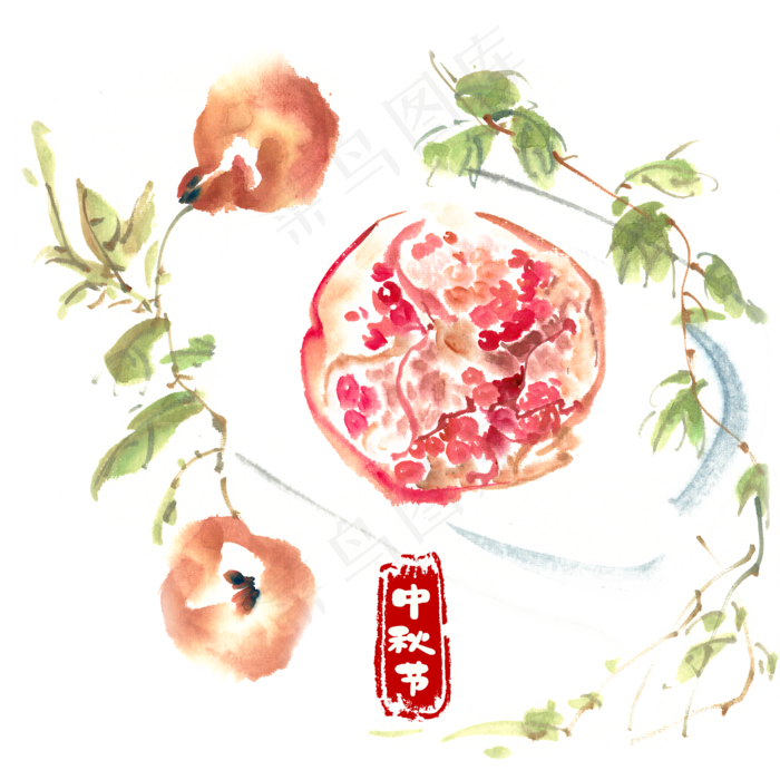 中秋节石榴水墨画(3543X4724(DPI:150))psd模版下载