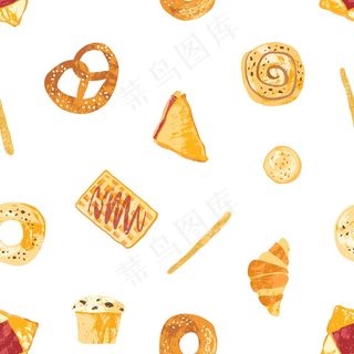 无缝模式与开胃面包，烤甜点和甜点制成的面团的各种类型