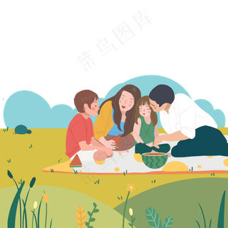 秋日秋季郊游野餐温馨四口之家欢