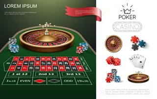现实赌场丰富多彩的概念与轮盘赌游戏桌扑克扑克牌芯片和骰子插图