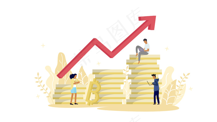 比特币区块链加密货币概念。一群人以树叶为背景，以最小的设计使用加密货币金币。