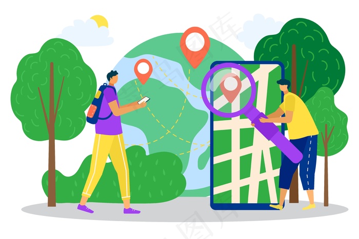 带地图的在线应用程序app、带位置图标的手机app移动应用程序、矢量图、人物角色使用智能手机服务理念。