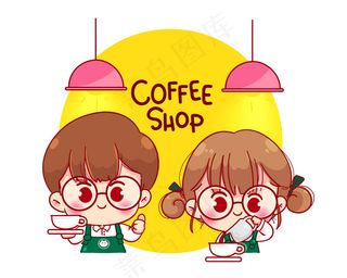 可爱情侣咖啡师围裙咖啡制作卡通人物插画