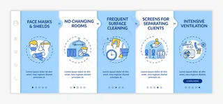 美容院大流行期间的安全入职模板。面罩。频繁的表面清洁。具有图标的快速响应的移动网站。网页漫游步骤屏幕。rgb颜色概念