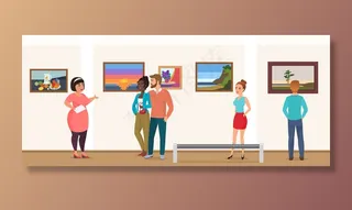 博物馆参观者在美术展览馆参观的人和导游一起参观，并观看图片和插图。