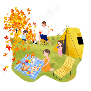 秋日秋季合家郊游露营黄叶可爱P