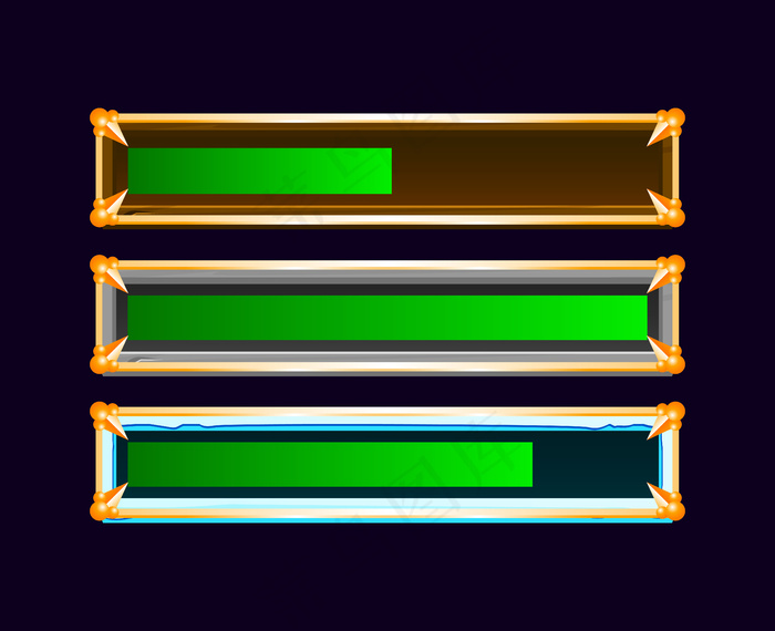 一套桂木，石头，冰进度条与黄金边界的游戏用户界面资产元素