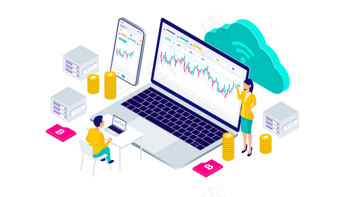 教育加密货币比特币区块链挖掘技术互联网物联网安全移动仪表板等距三维平面图。