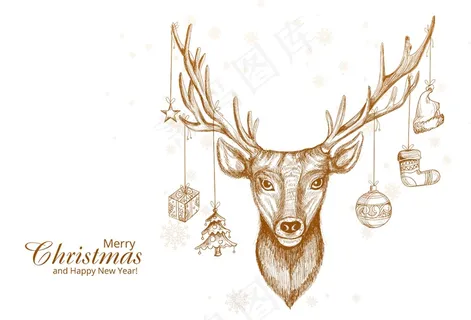 手绘圣诞鹿素描设计