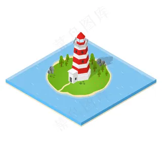 航海灯塔和岛屿上的灯塔等距视图。