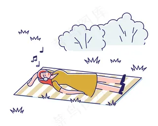 小女孩躺在公园的毯子上听音乐。