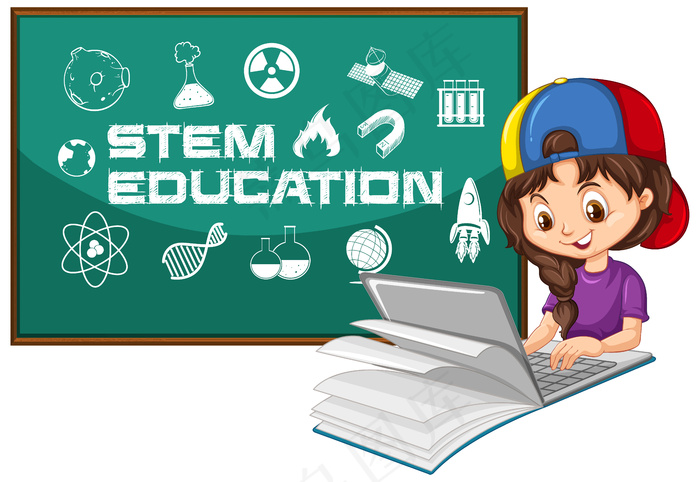 女孩在笔记本电脑上搜索stem教育文本卡通风格eps,ai矢量模版下载