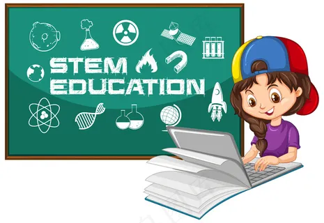 女孩在笔记本电脑上搜索stem教育文本卡通风格 女孩在笔记本电脑上搜索stem教育文本卡通风格