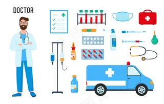 医生的性格，一套药品和设备为他的工作隔离在白色背景。