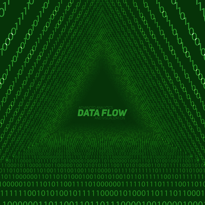 数据流可视化背景。绿色大数据流三角隧道
