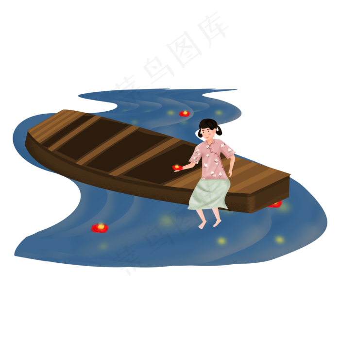 木舟上放河灯的小女孩