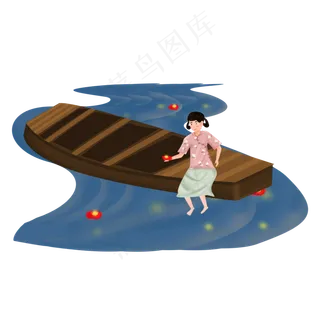 木舟上放河灯的小女孩