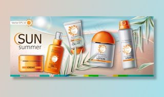 一套防晒霜，乳液，喷雾和油。紫外线防护。防水。现实的。海滩和树叶背景